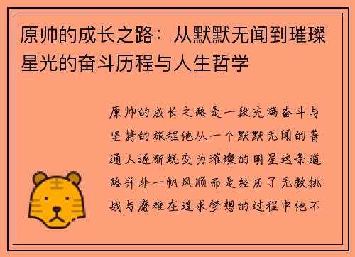 原帅的成长之路：从默默无闻到璀璨星光的奋斗历程与人生哲学