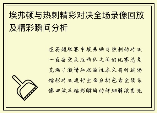 埃弗顿与热刺精彩对决全场录像回放及精彩瞬间分析