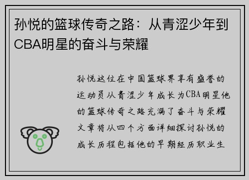 孙悦的篮球传奇之路：从青涩少年到CBA明星的奋斗与荣耀