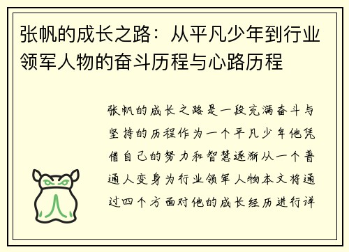 张帆的成长之路：从平凡少年到行业领军人物的奋斗历程与心路历程